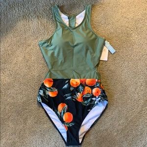 One Piece Swimsuit cutout racerback zip up XL